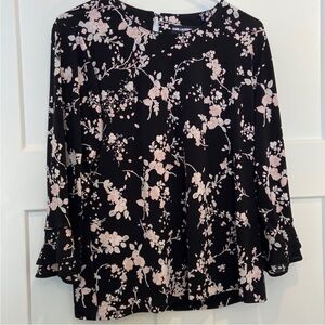 Karl lagerfield black floral 3/4 sleeve stretch blouse top- EUC